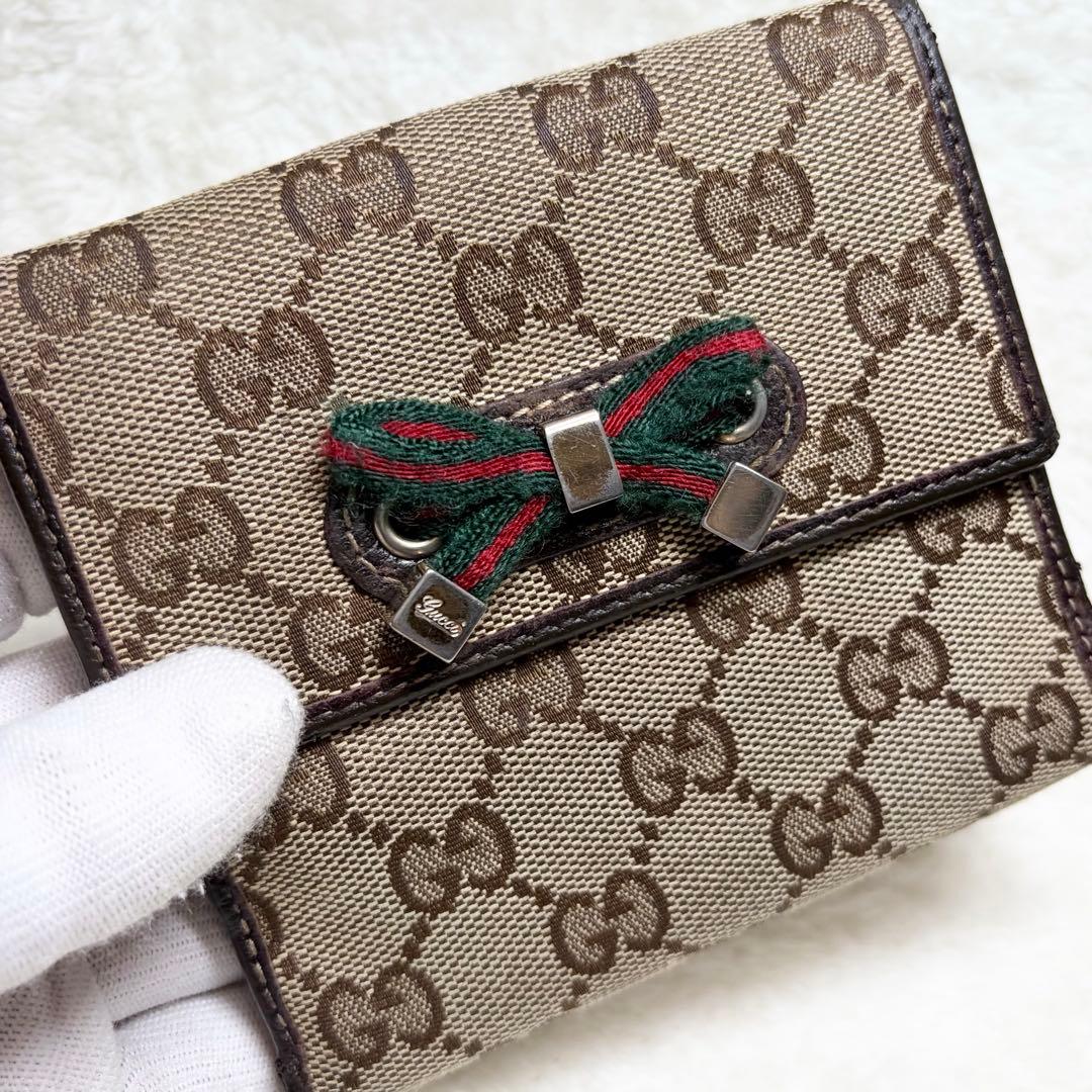 良品 GUCCIグッチ GGキャンバスWホック 折り財布 シェリーリボン　箱付
