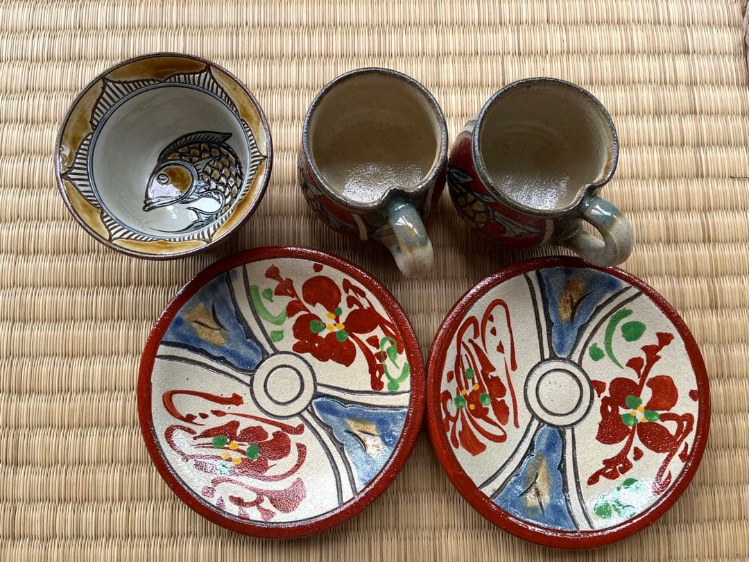 陶器のコーヒーカップと皿のセット金城沖縄やちむんセット