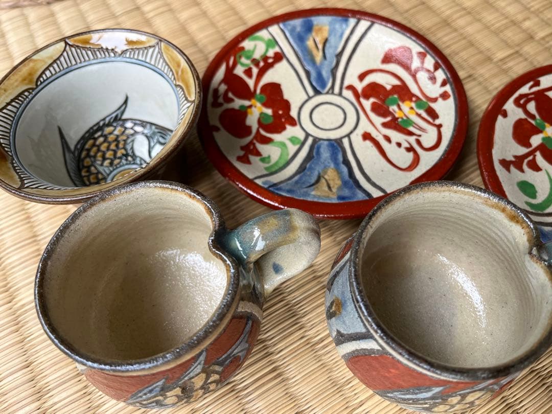 陶器のコーヒーカップと皿のセット金城沖縄やちむんセット