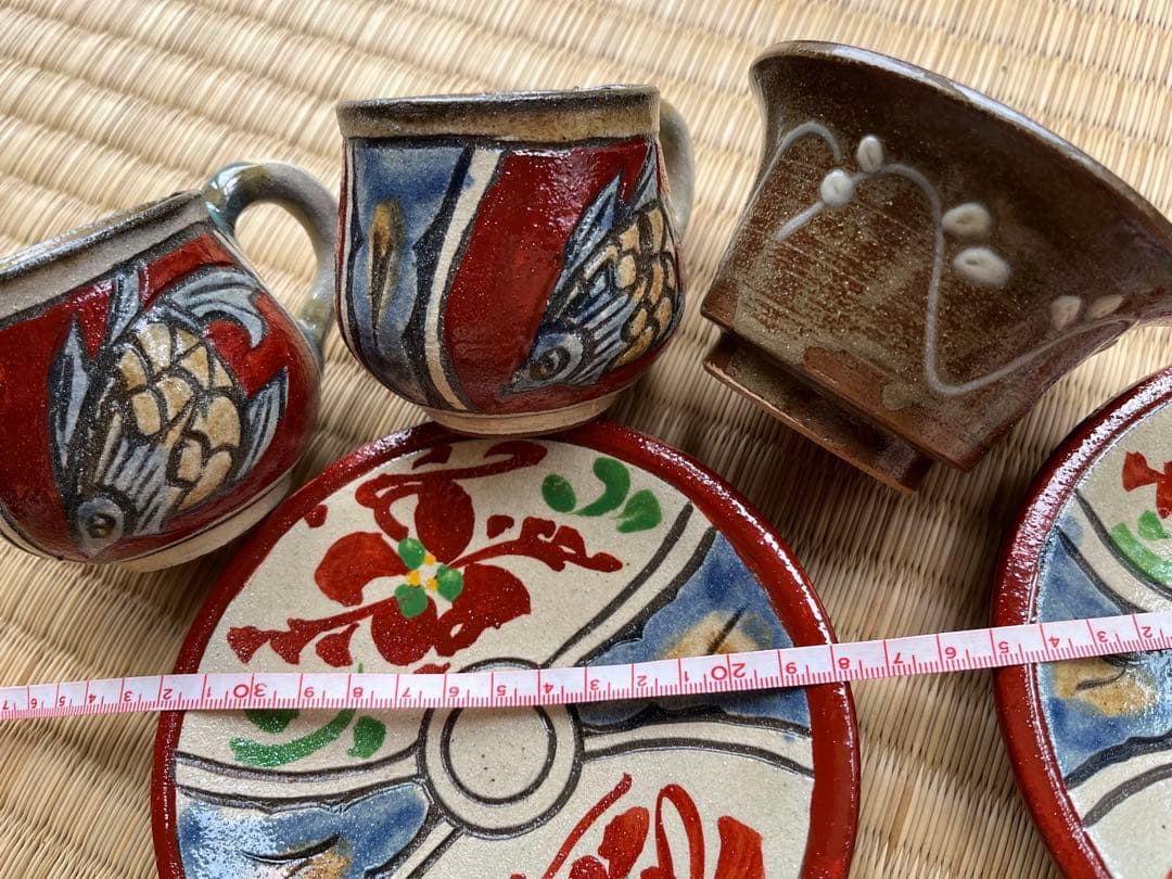 陶器のコーヒーカップと皿のセット金城沖縄やちむんセット
