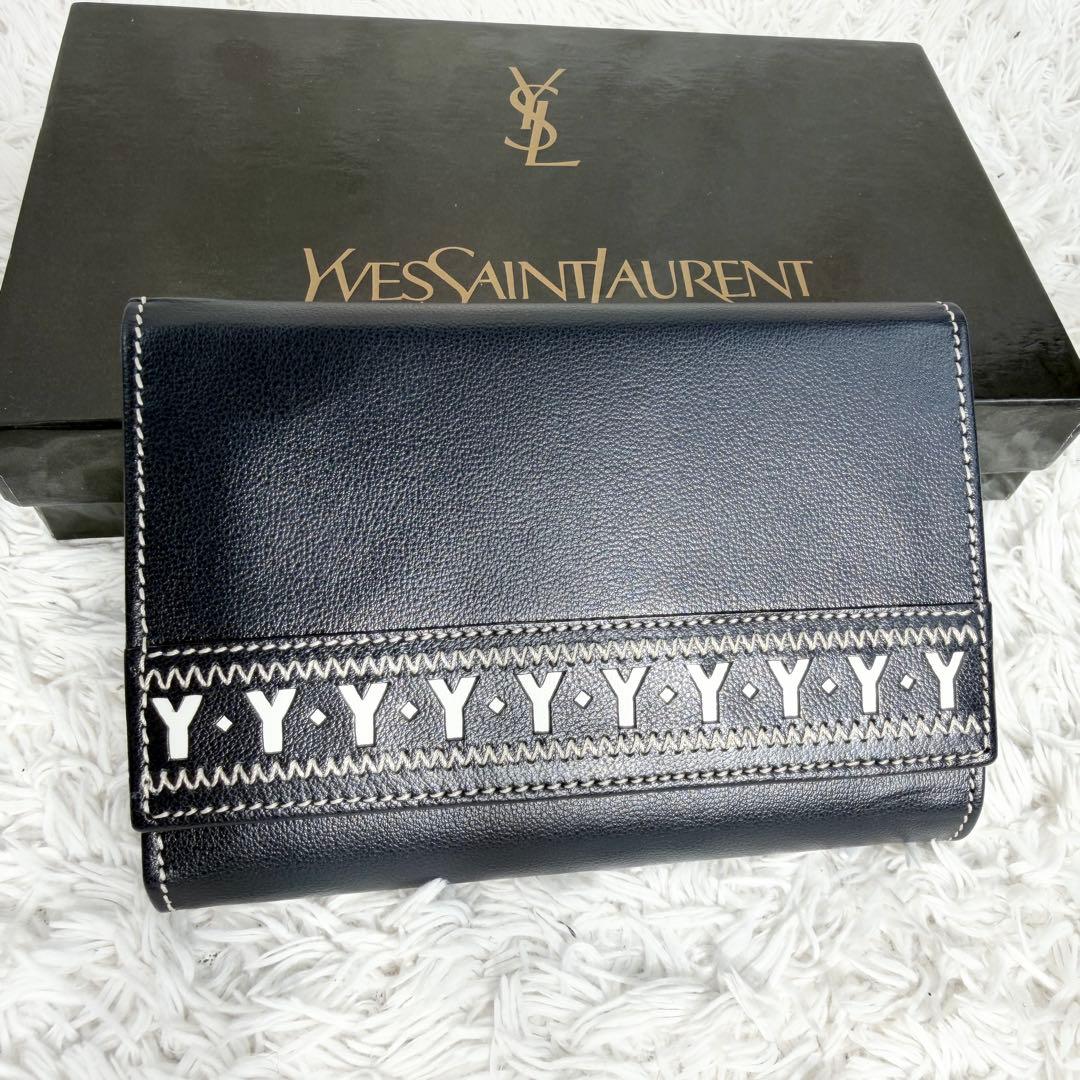 極美品✨イブサンローラン Yカット ビンテージ 三つ折り財布 ネイビー