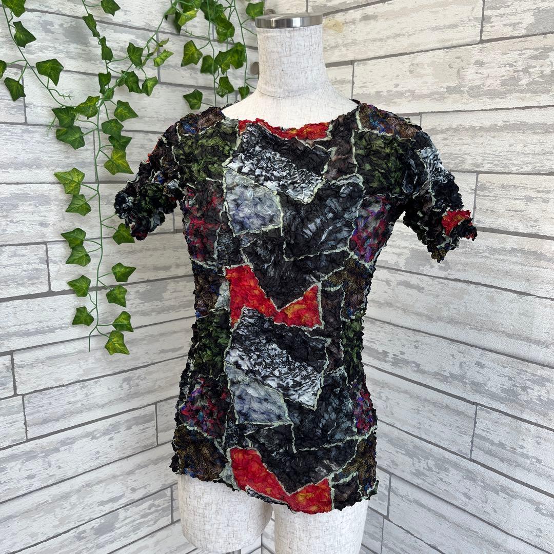 ISSEY MIYAKE FETE 半袖 カットソー 総柄 シワ プリーツ M