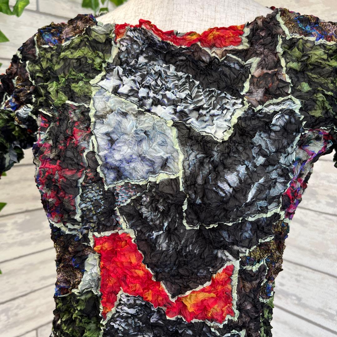 ISSEY MIYAKE FETE 半袖 カットソー 総柄 シワ プリーツ M