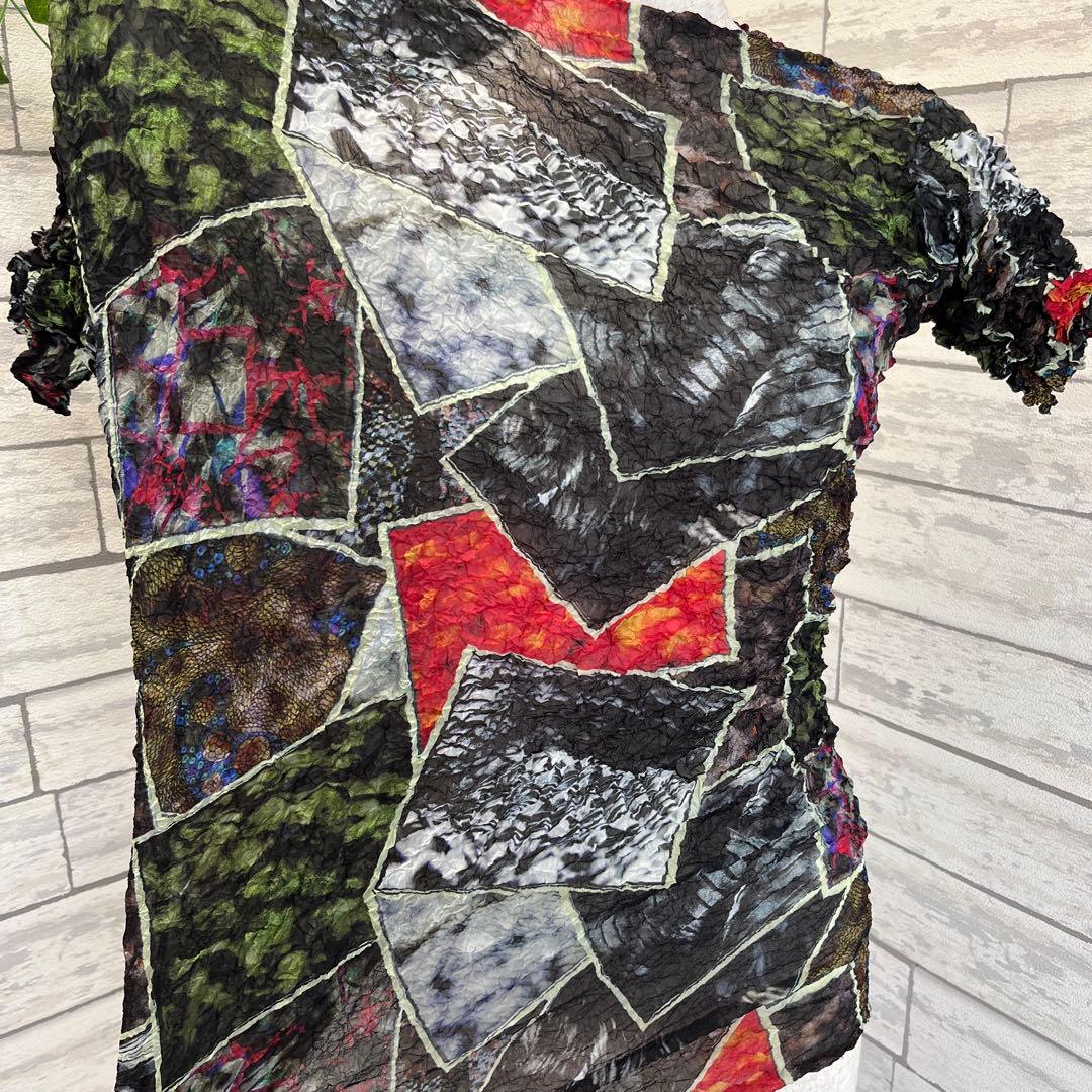 ISSEY MIYAKE FETE 半袖 カットソー 総柄 シワ プリーツ M