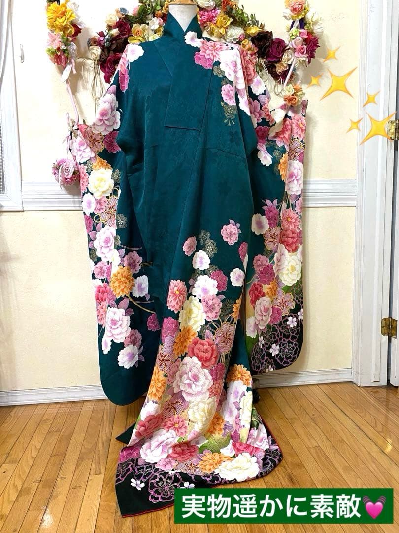 未使用正絹振袖フルセット‼️人気グリーン花々金糸刺繍金彩キラキラ素敵✨長襦袢付き‼️