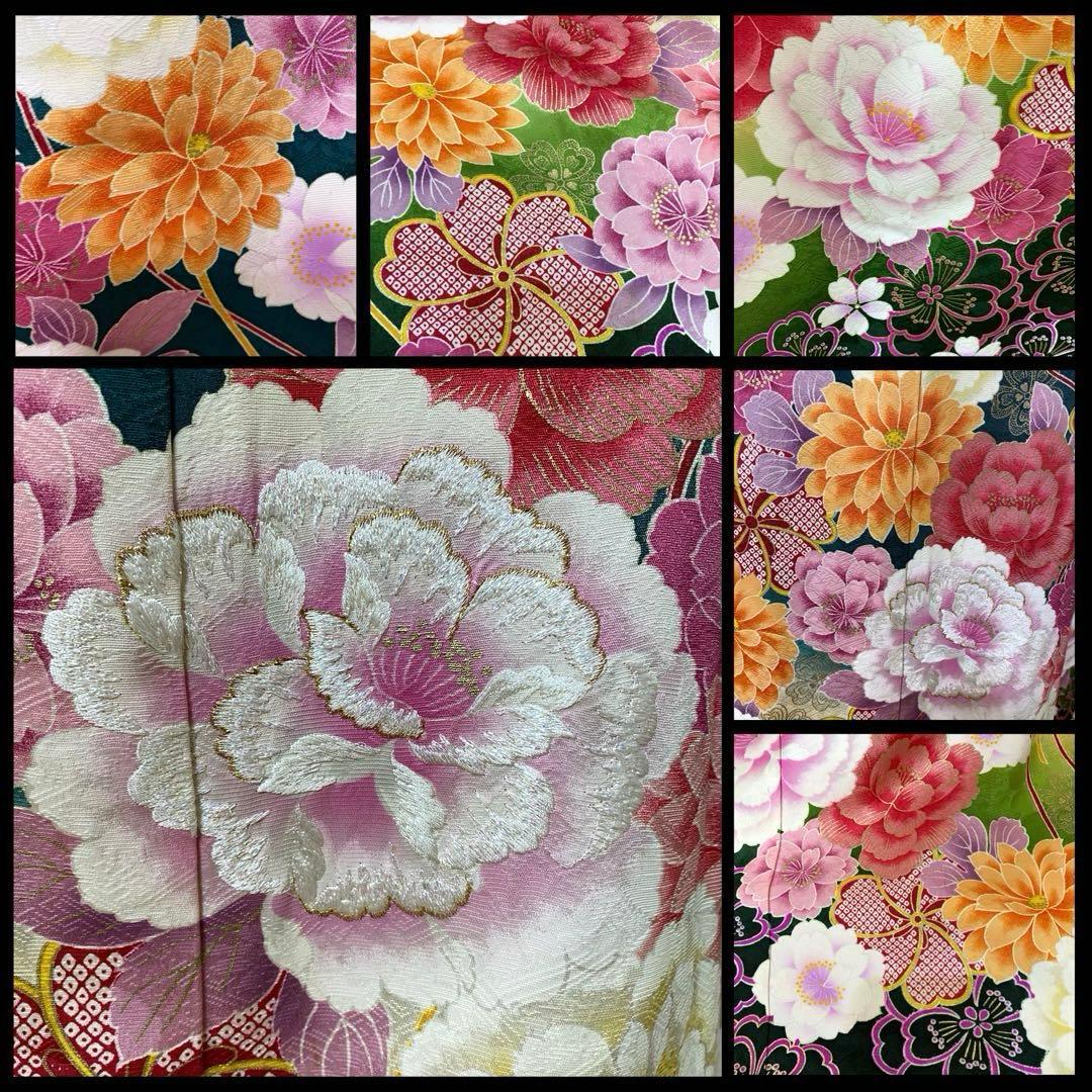 未使用正絹振袖フルセット‼️人気グリーン花々金糸刺繍金彩キラキラ素敵✨長襦袢付き‼️