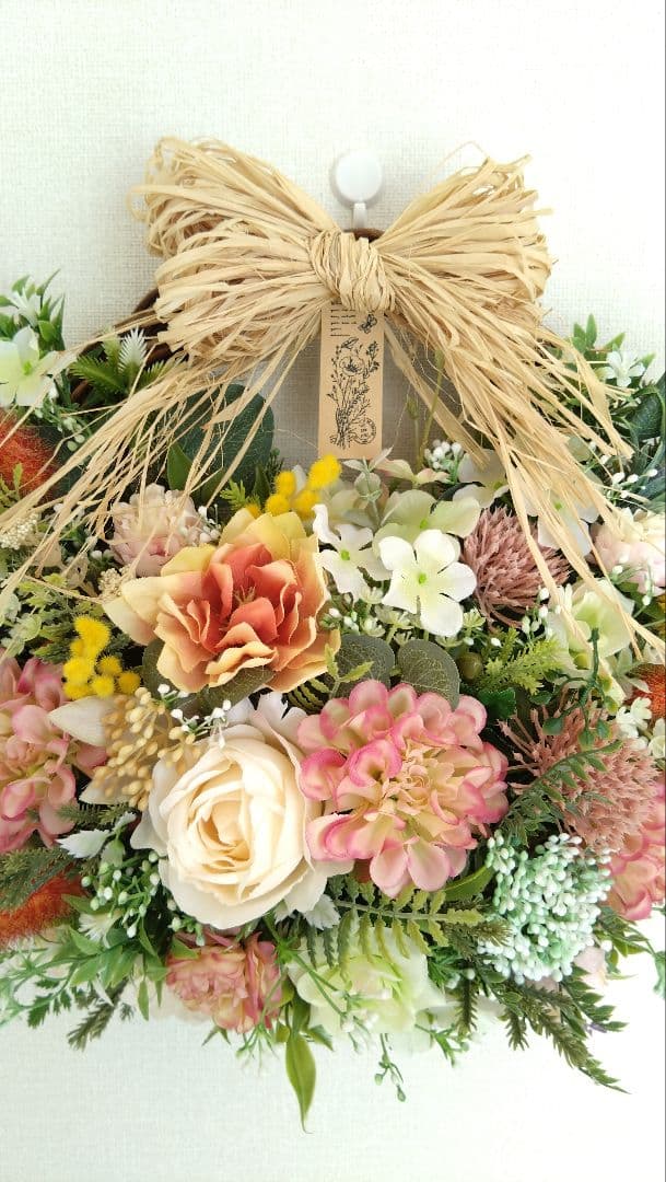 205！特大！ぷっくり 花かご風 フラワーリース 玄関リース ハーフリース