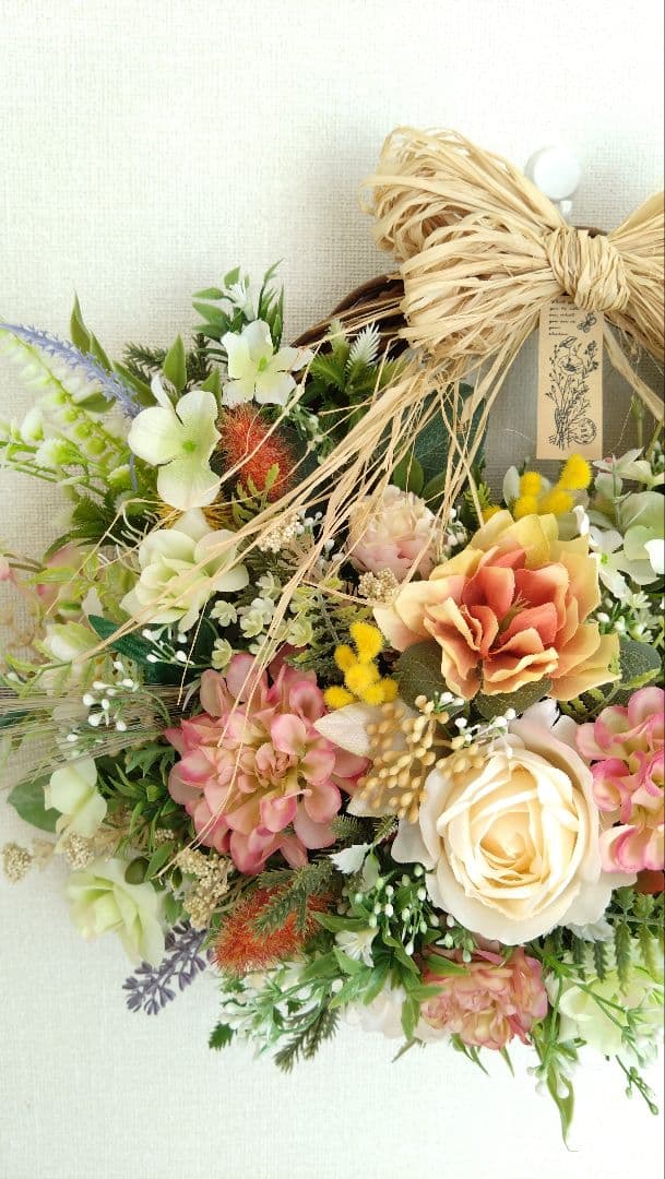 205！特大！ぷっくり 花かご風 フラワーリース 玄関リース ハーフリース