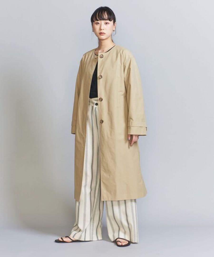 美品 BEAUTY&YOUTH ノーカラー ベルトコート S 撥水 春秋