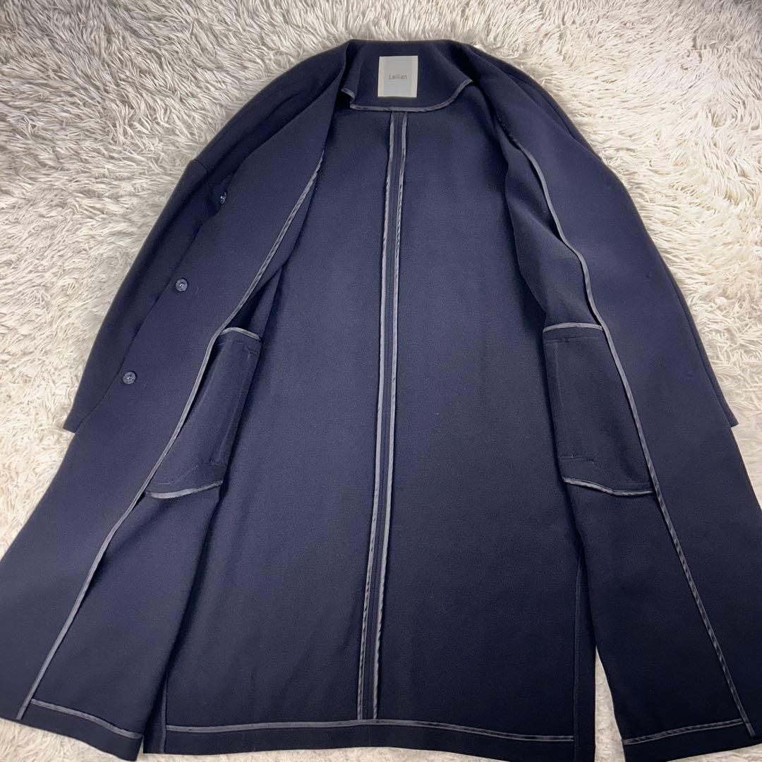 【美品・大きめ・現行】レリアン　ノーカラーコート　紺　XL　着丈102