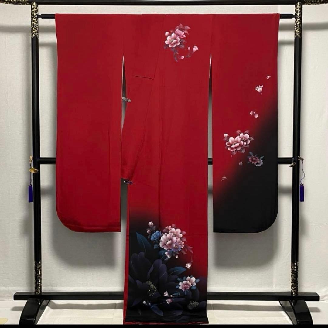 赤 真紅　花柄 振袖 京都きもの友禅　トールサイズ　ゆったりサイズ　裄丈71