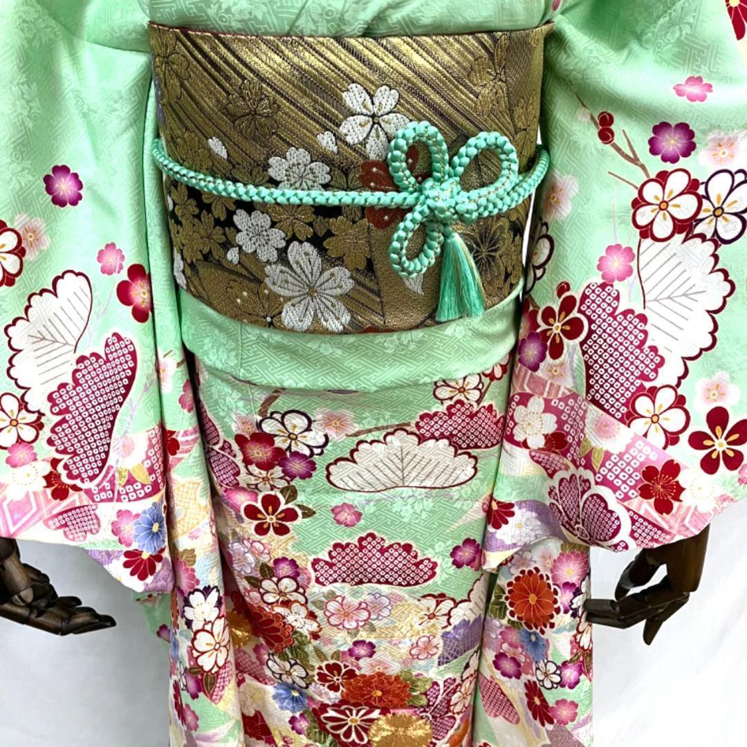 【お得品】 振袖セット 成人式 正絹 古典柄 振袖 緑 S*65 ●