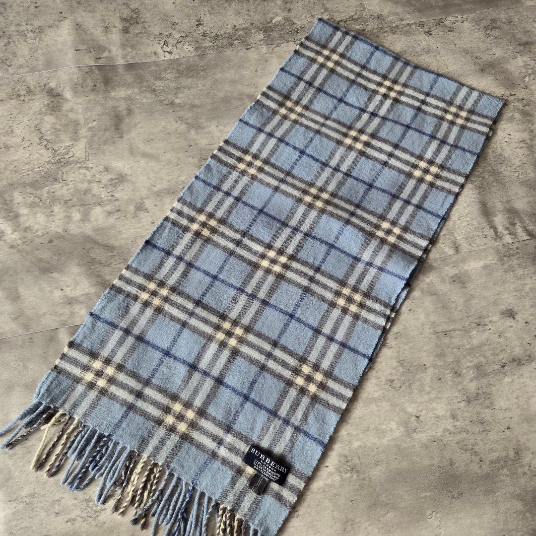 美品 バーバリー マフラー ノバチェックライトブルー カシミヤ100% 希少