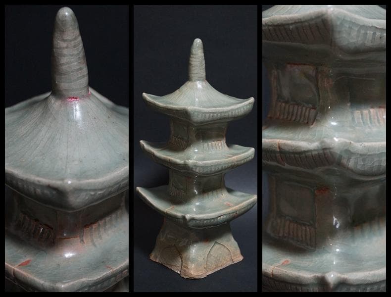 茶道具 松月作 青磁塔 青磁多宝塔 在銘 建物 三重の塔 飾り物★時代物★