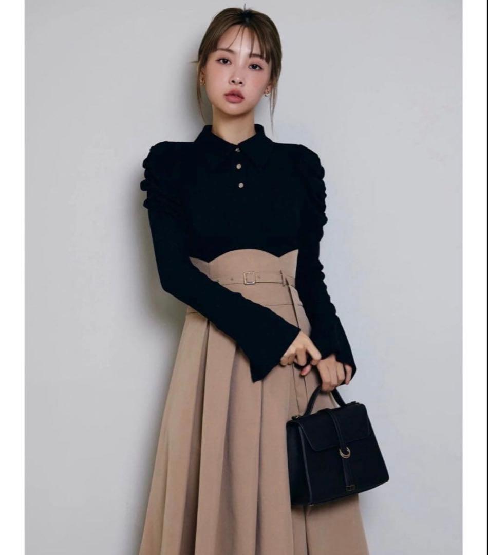 dazzlin ワンピース シャツカラーコルセットタックワンピース