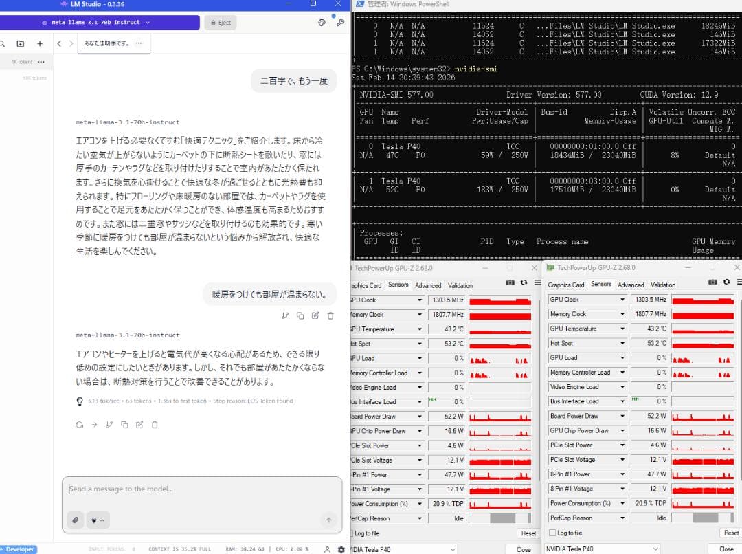 Tesla P40 24GBセット/ファン付/70Bモデル動作/128K長文対応