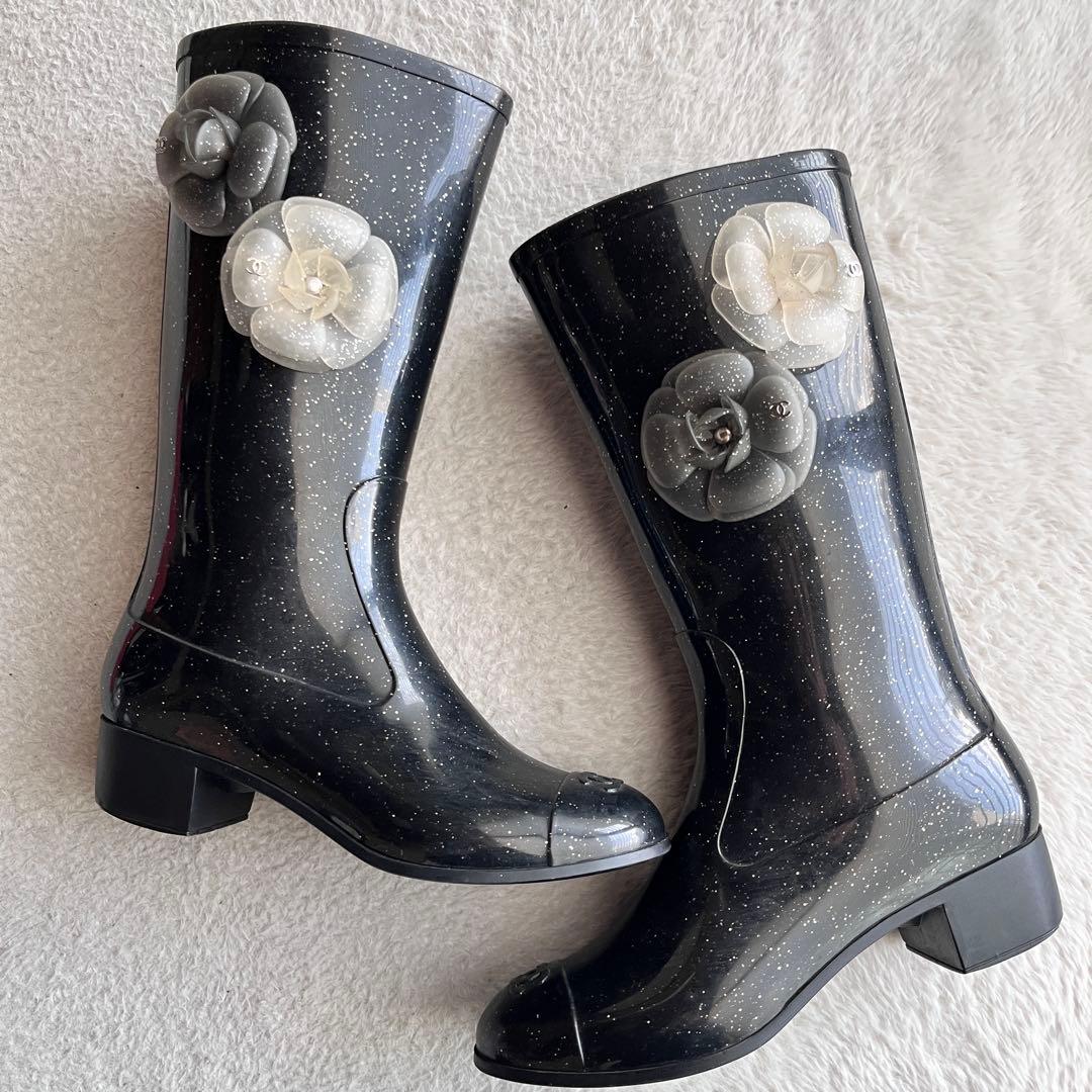 美品✨CHANEL シャネル レインブーツ 長靴 ココマーク ラメ カメリア