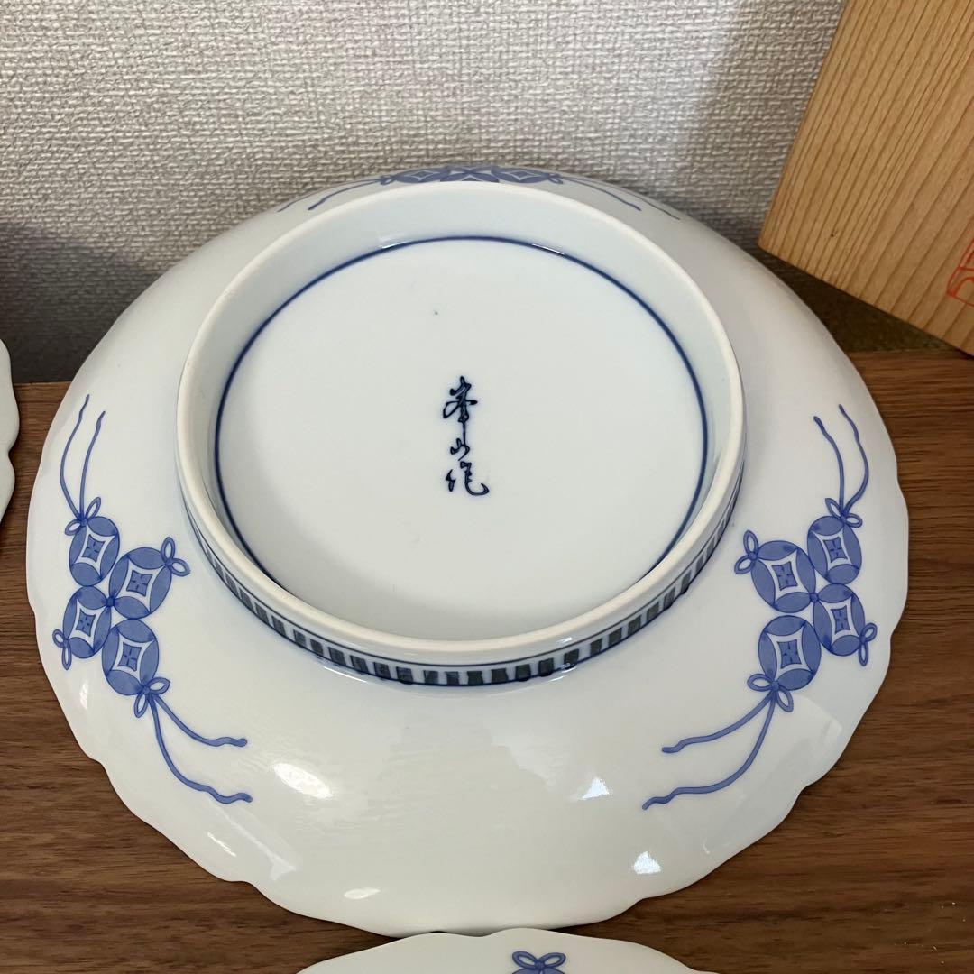 伊万里　輪花　七寸皿　赤絵松竹梅図　鍋島　柿右衛門様式　峯山作　櫛高台　5枚