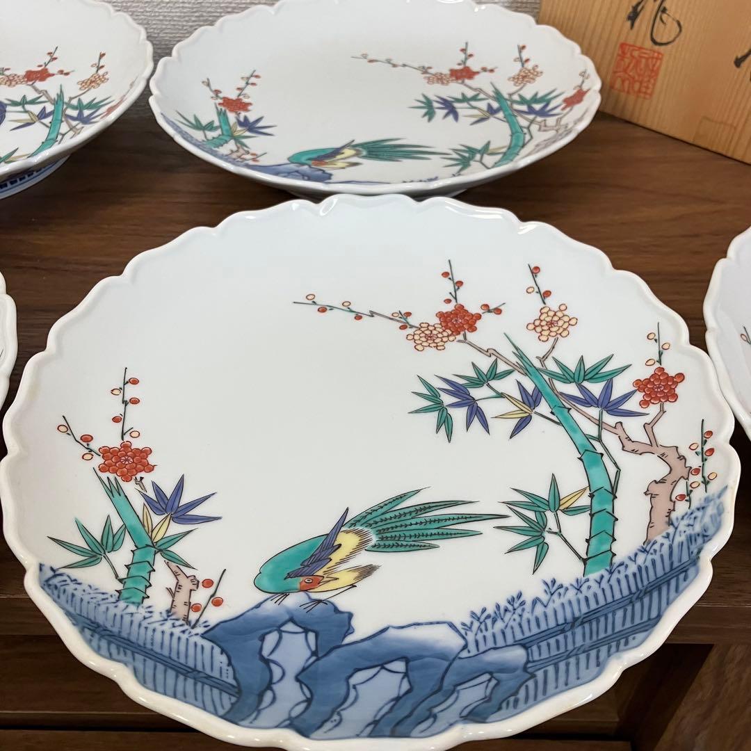 伊万里　輪花　七寸皿　赤絵松竹梅図　鍋島　柿右衛門様式　峯山作　櫛高台　5枚