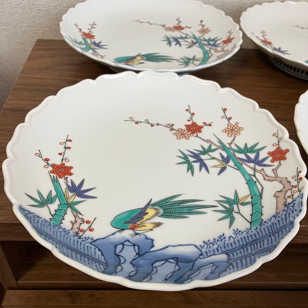 伊万里　輪花　七寸皿　赤絵松竹梅図　鍋島　柿右衛門様式　峯山作　櫛高台　5枚