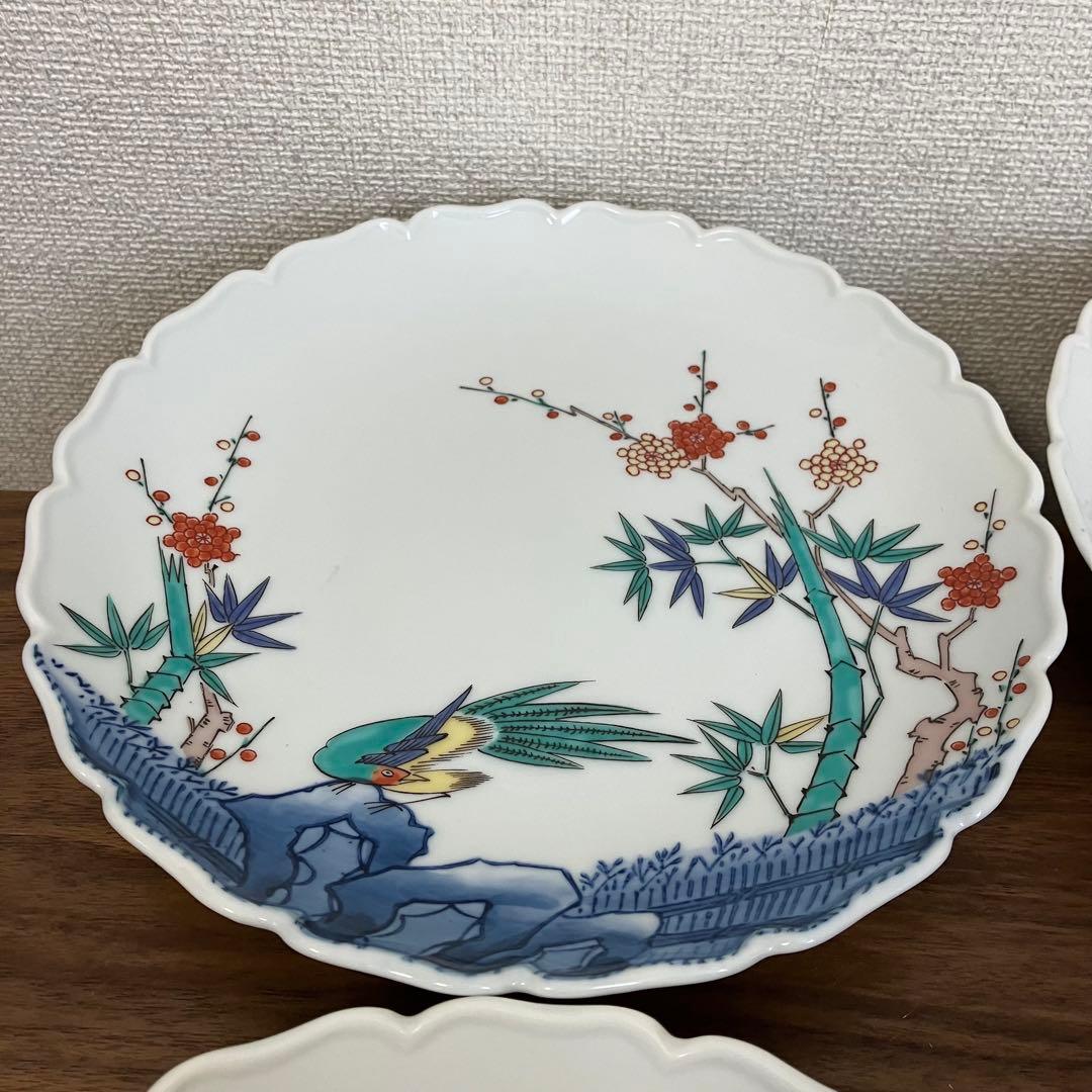 伊万里　輪花　七寸皿　赤絵松竹梅図　鍋島　柿右衛門様式　峯山作　櫛高台　5枚