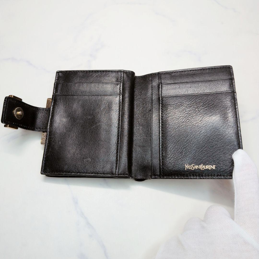 Yves Saint Laurent 二つ折り財布 黒 がま口 クロコ型押し