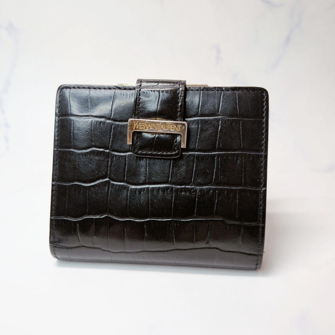 Yves Saint Laurent 二つ折り財布 黒 がま口 クロコ型押し
