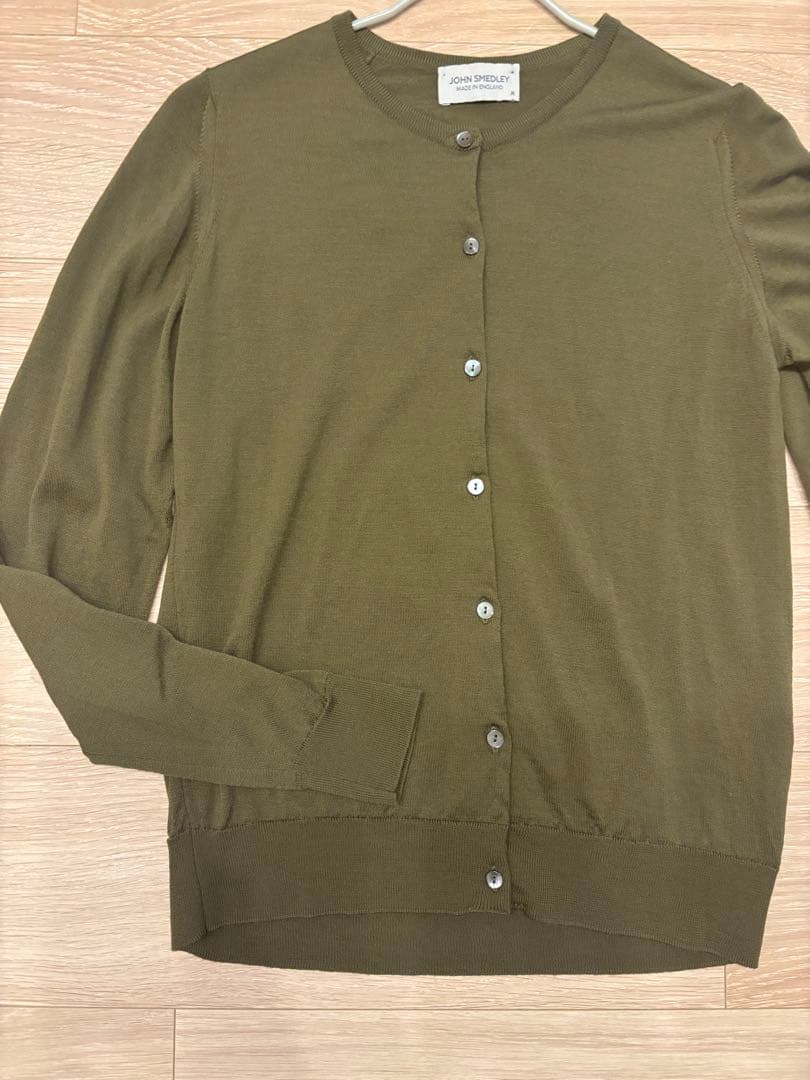 美品 ジョンスメドレー カーキ メリノウール クルーネック カーディガン