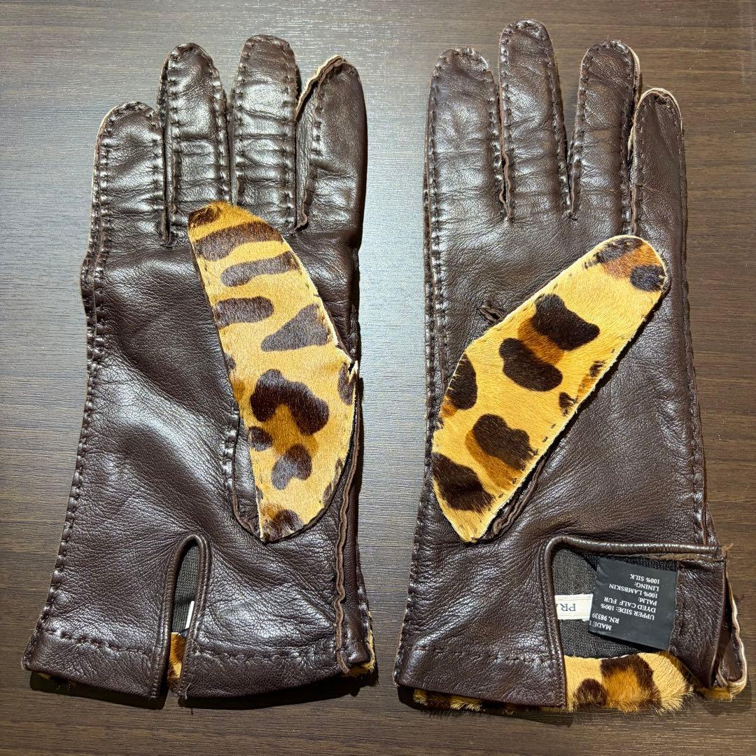 プラダ PRADAヒョウ柄 ラムスキン レディース 手袋 本革 シルク