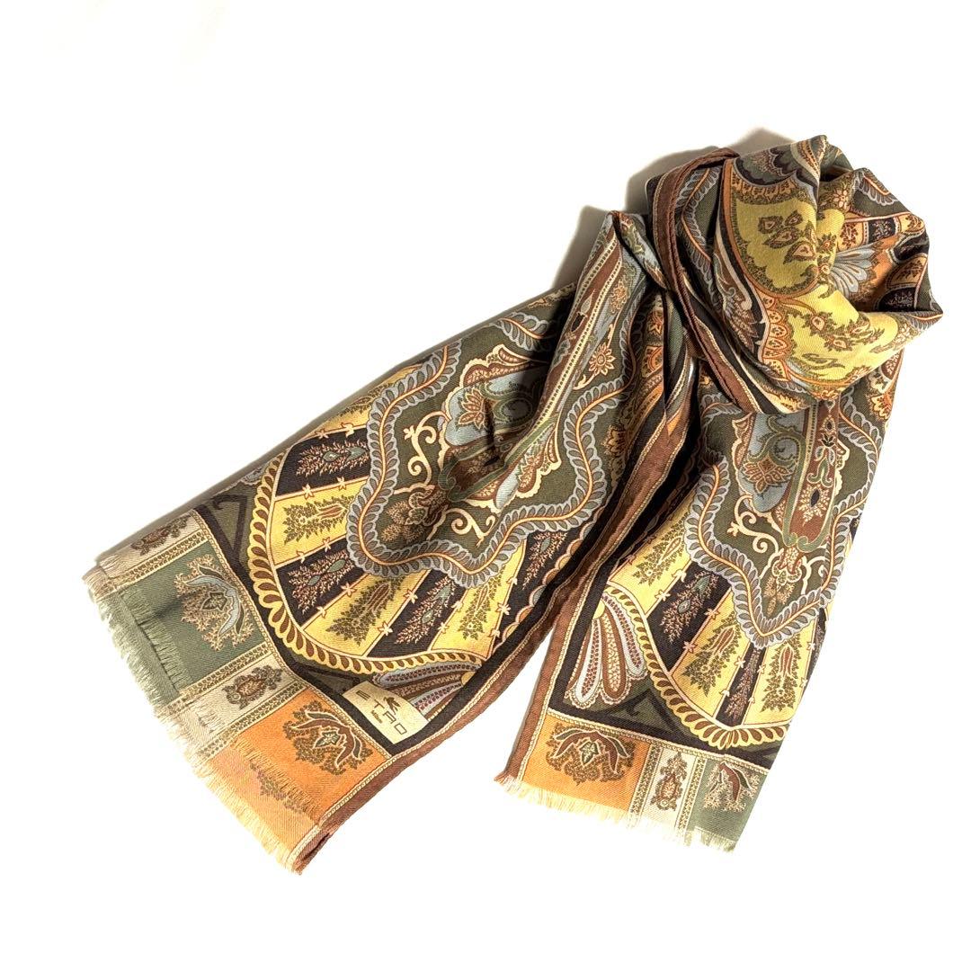 ETRO エトロ ストール ペイズリー柄 イタリア製 ブラウン 茶 黄色