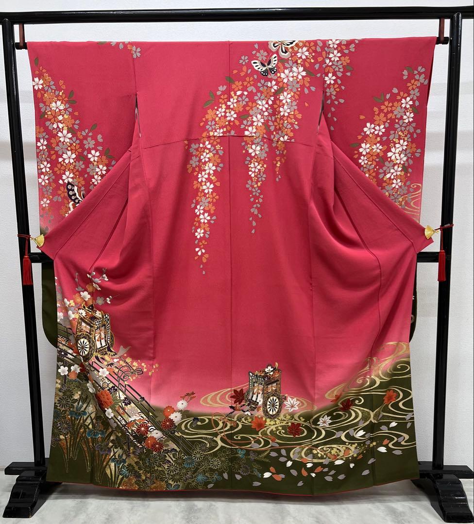 振り袖　フルセット　別誂長襦袢　御所車　成人式　金彩　刺繍入り　ピンク　802