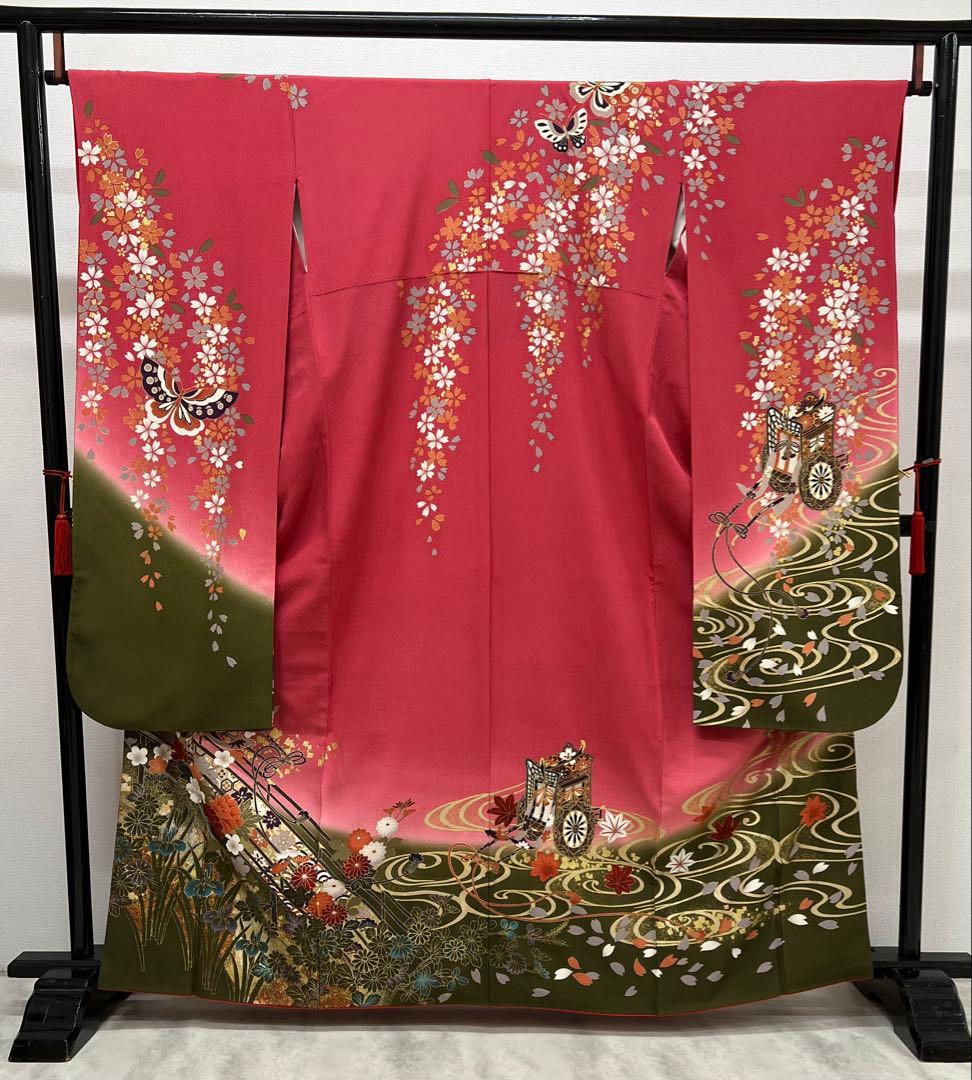 振り袖　フルセット　別誂長襦袢　御所車　成人式　金彩　刺繍入り　ピンク　802