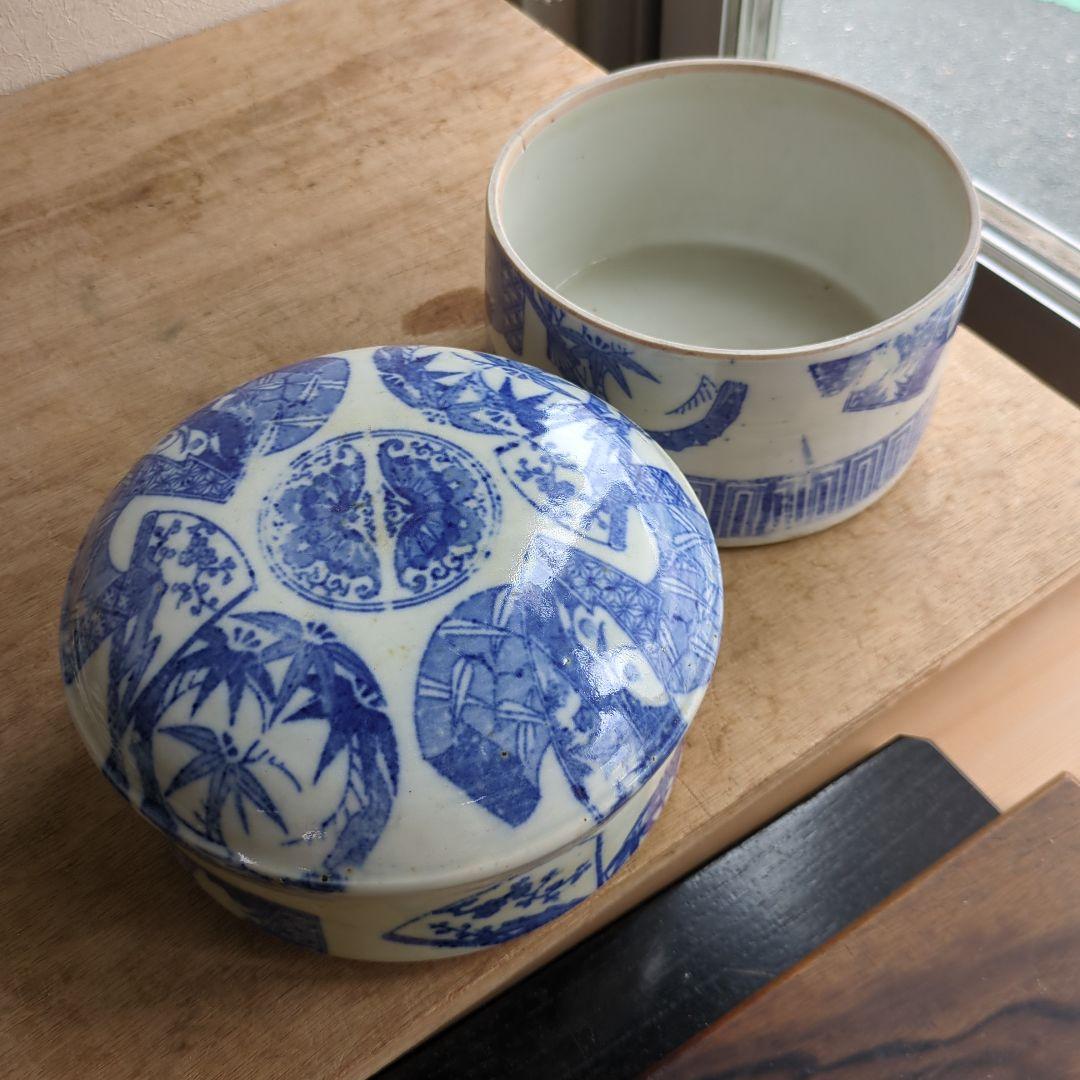 骨董 二段重箱 陶器 重箱 印判 物入れ アンティーク 扇面 丸紋 菓子器