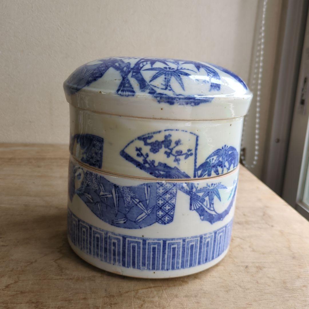 骨董 二段重箱 陶器 重箱 印判 物入れ アンティーク 扇面 丸紋 菓子器