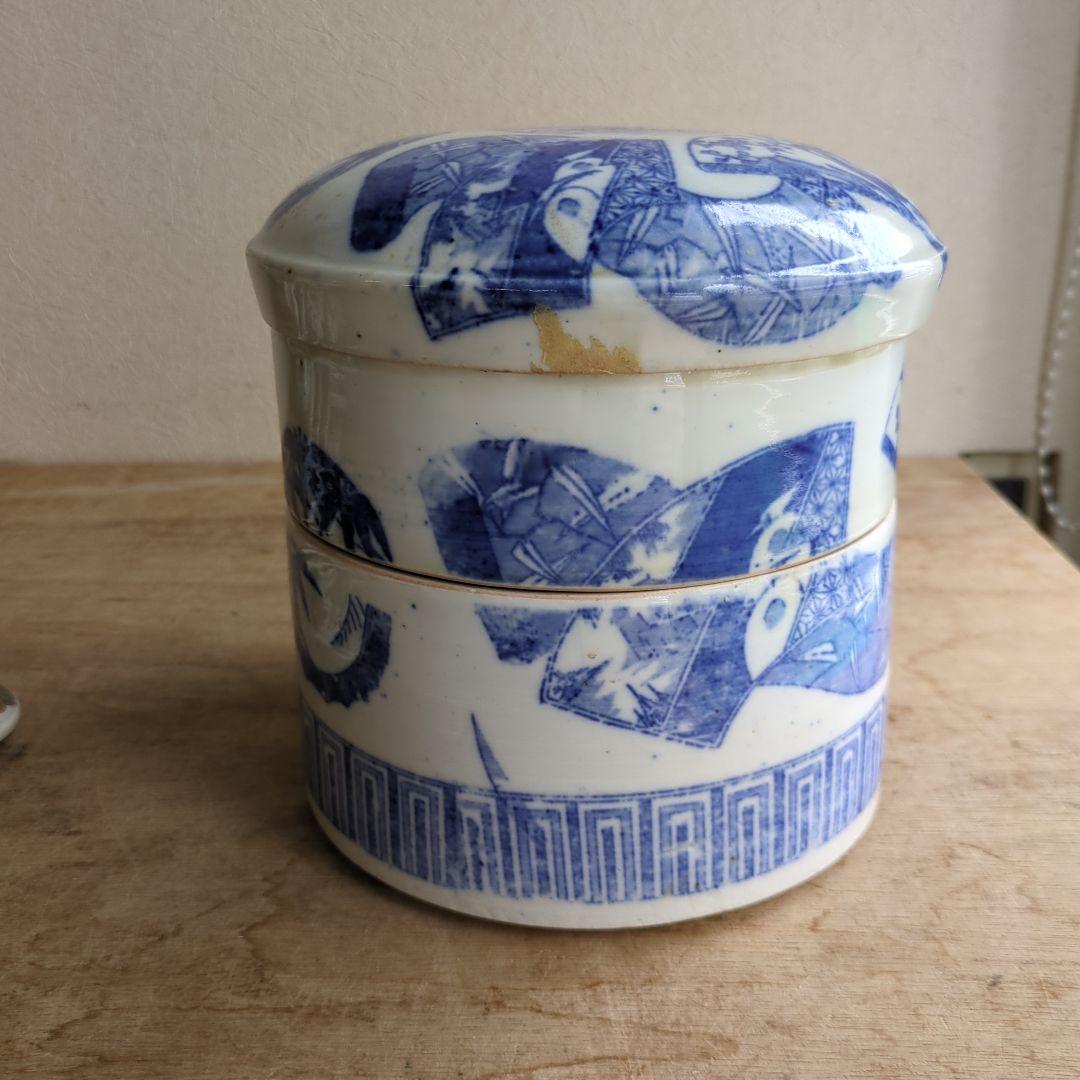 骨董 二段重箱 陶器 重箱 印判 物入れ アンティーク 扇面 丸紋 菓子器
