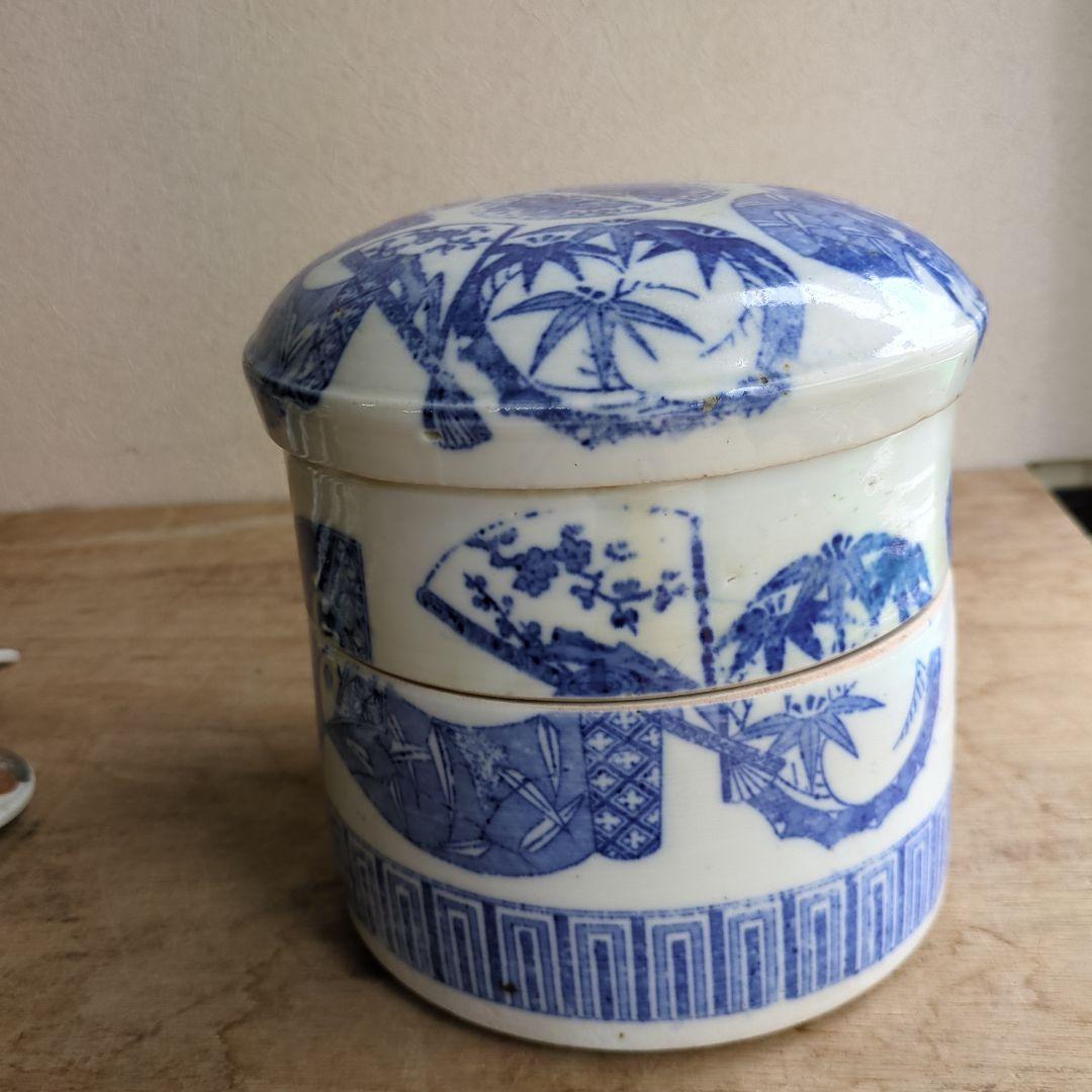 骨董 二段重箱 陶器 重箱 印判 物入れ アンティーク 扇面 丸紋 菓子器