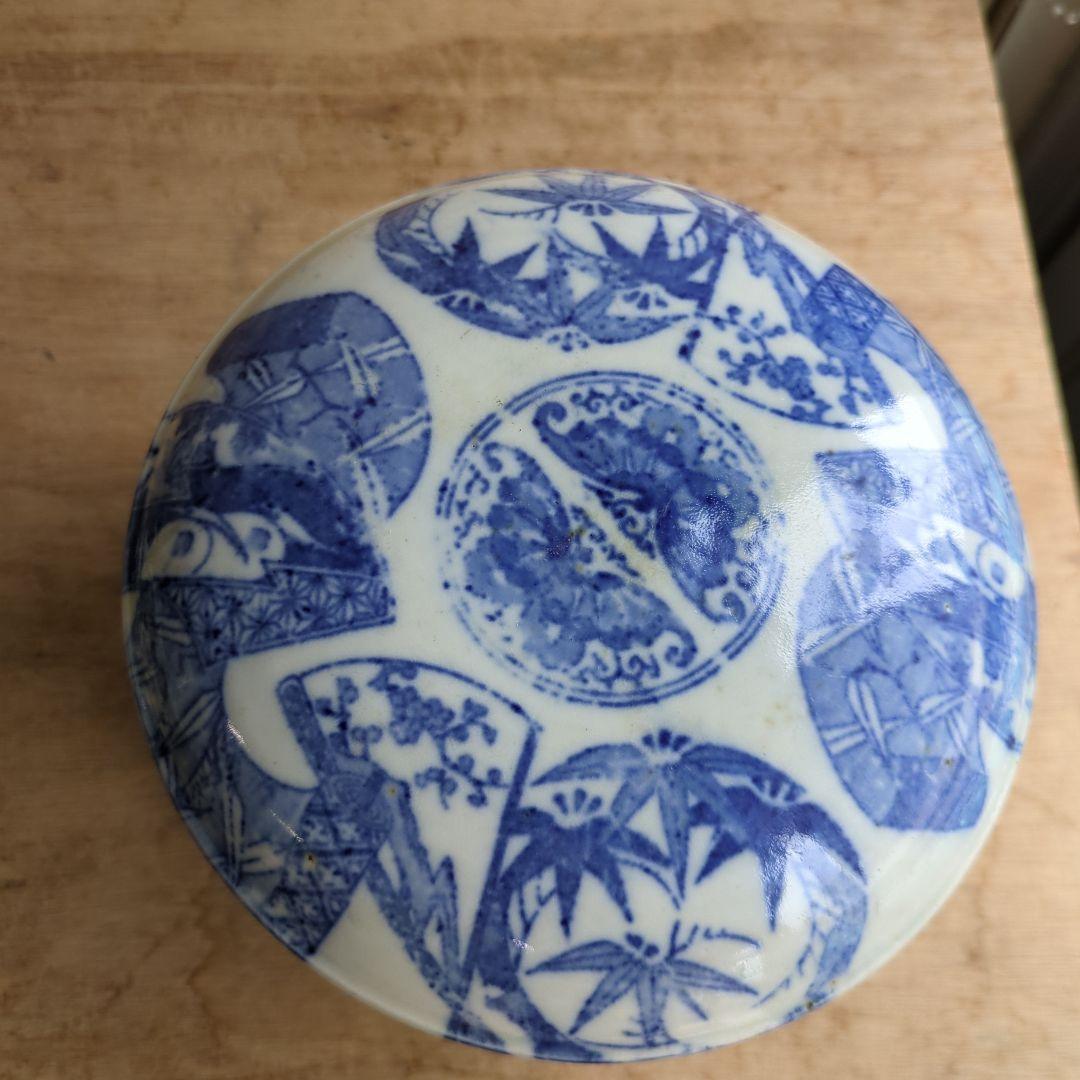骨董 二段重箱 陶器 重箱 印判 物入れ アンティーク 扇面 丸紋 菓子器