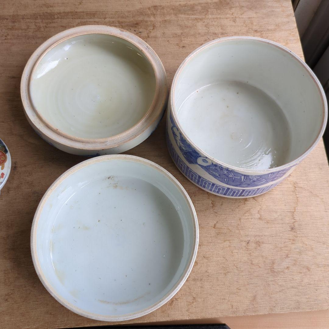 骨董 二段重箱 陶器 重箱 印判 物入れ アンティーク 扇面 丸紋 菓子器
