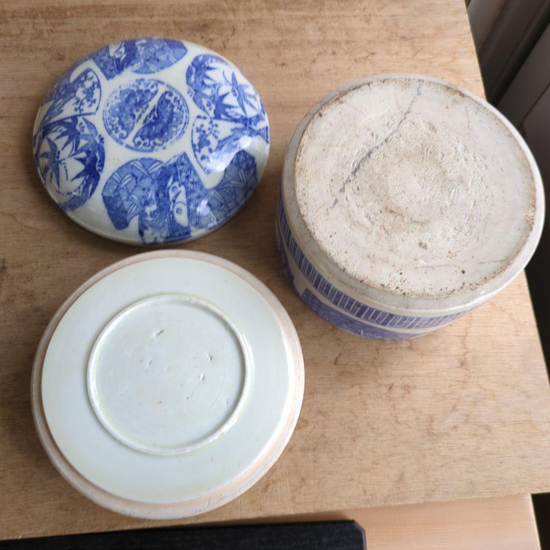 骨董 二段重箱 陶器 重箱 印判 物入れ アンティーク 扇面 丸紋 菓子器