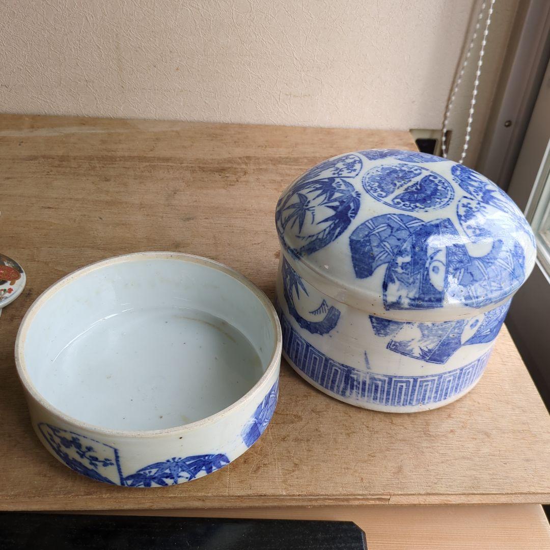 骨董 二段重箱 陶器 重箱 印判 物入れ アンティーク 扇面 丸紋 菓子器