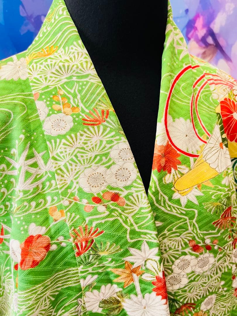 振袖　Ｓ〜Ｍサイズ　友禅　黄緑　001 刺繍