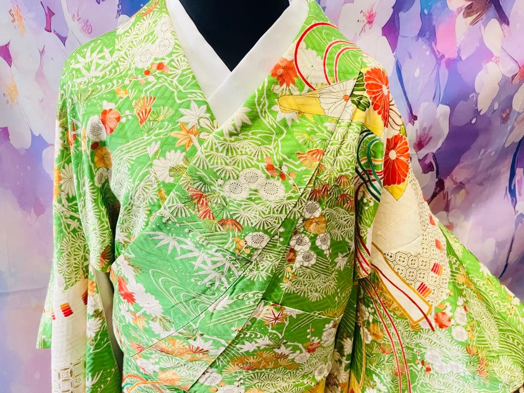 振袖　Ｓ〜Ｍサイズ　友禅　黄緑　001 刺繍