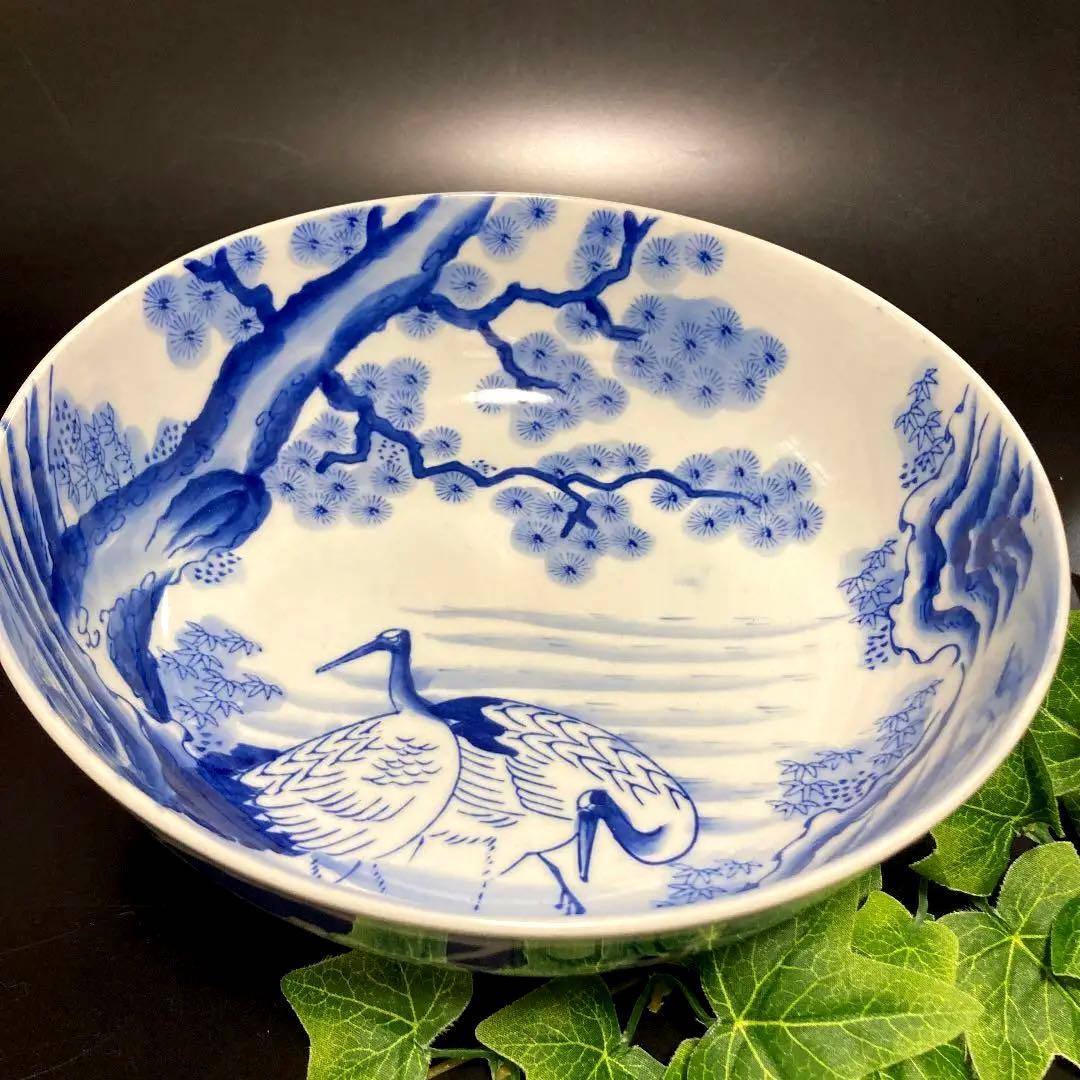 骨董品　古伊万里焼　染付　鶴松竹梅　山水　大鉢　盛鉢　有田焼　明治時代