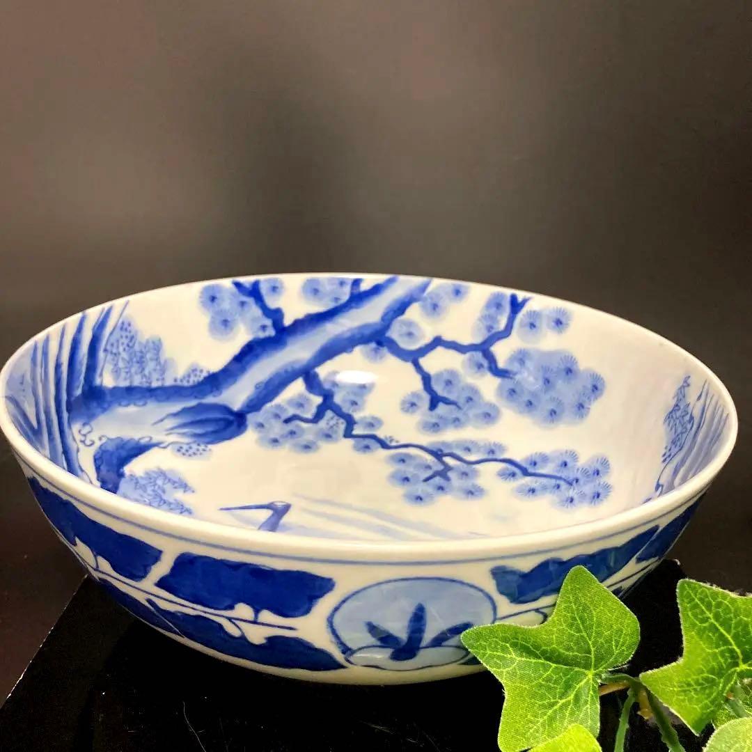骨董品　古伊万里焼　染付　鶴松竹梅　山水　大鉢　盛鉢　有田焼　明治時代