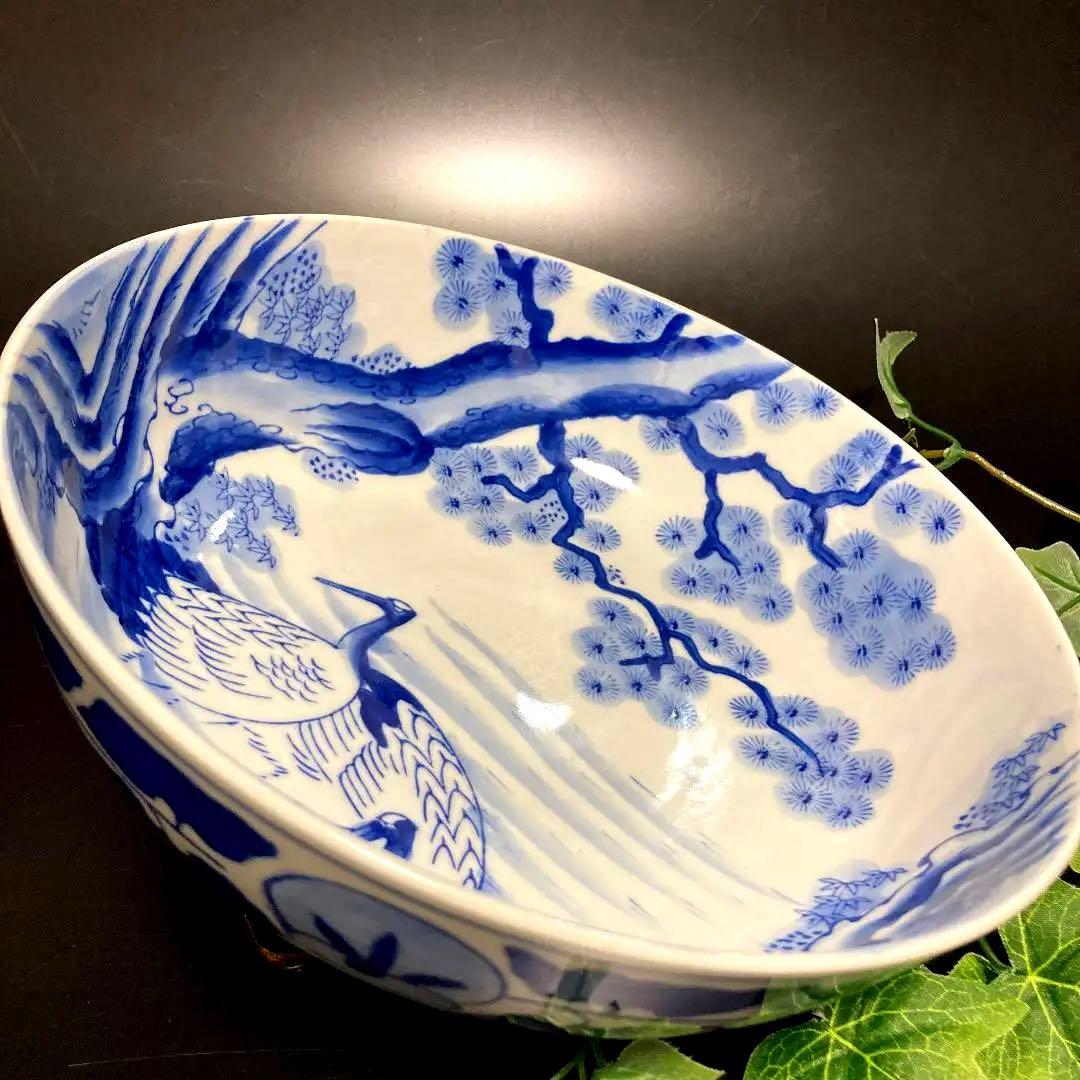 骨董品　古伊万里焼　染付　鶴松竹梅　山水　大鉢　盛鉢　有田焼　明治時代