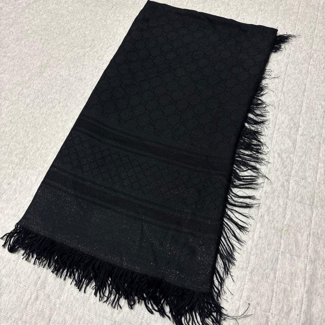 GUCCI グッチ　GG大判ストール　ラメ　シルク混　ブラック