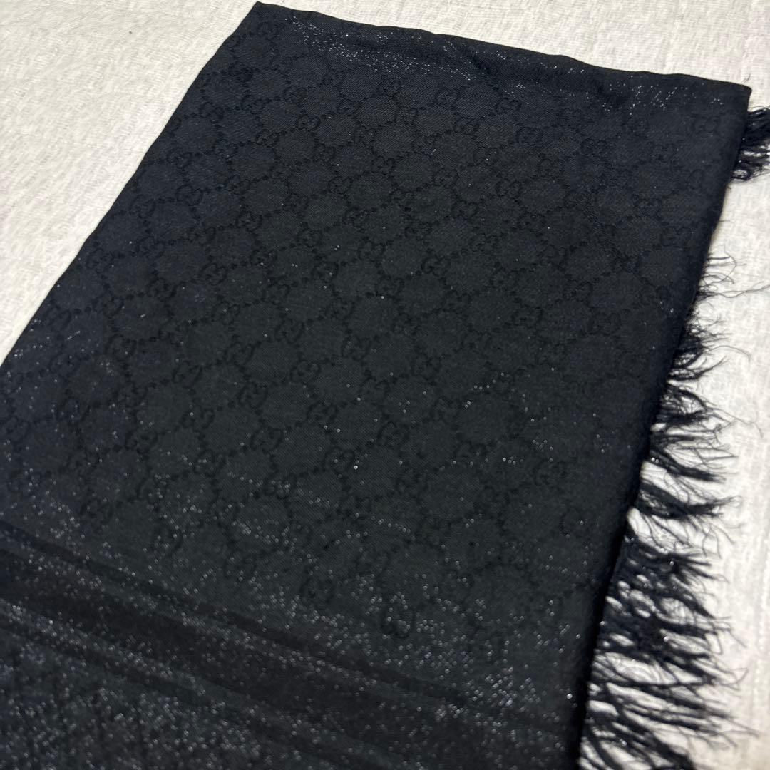 GUCCI グッチ　GG大判ストール　ラメ　シルク混　ブラック