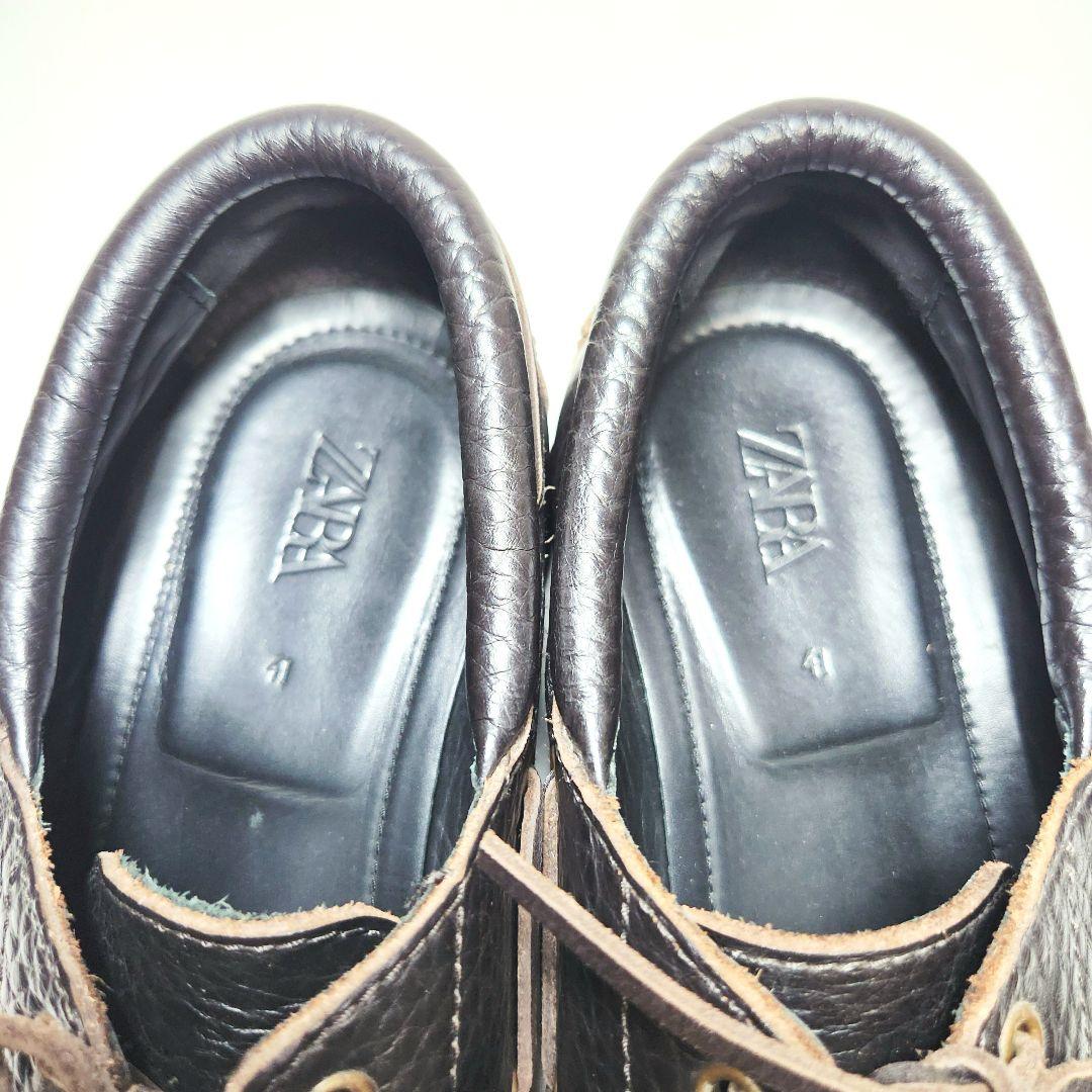 ZARA レザー モカシン デッキシューズ シボ革 レースアップ 濃茶 41