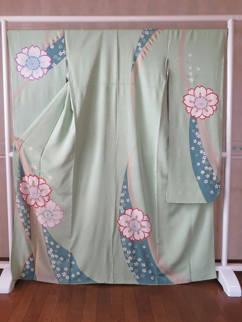 5191 振袖単品　桂由美 正絹 黃緑若草色 成人式結婚式卒業式　桜 ちりめん