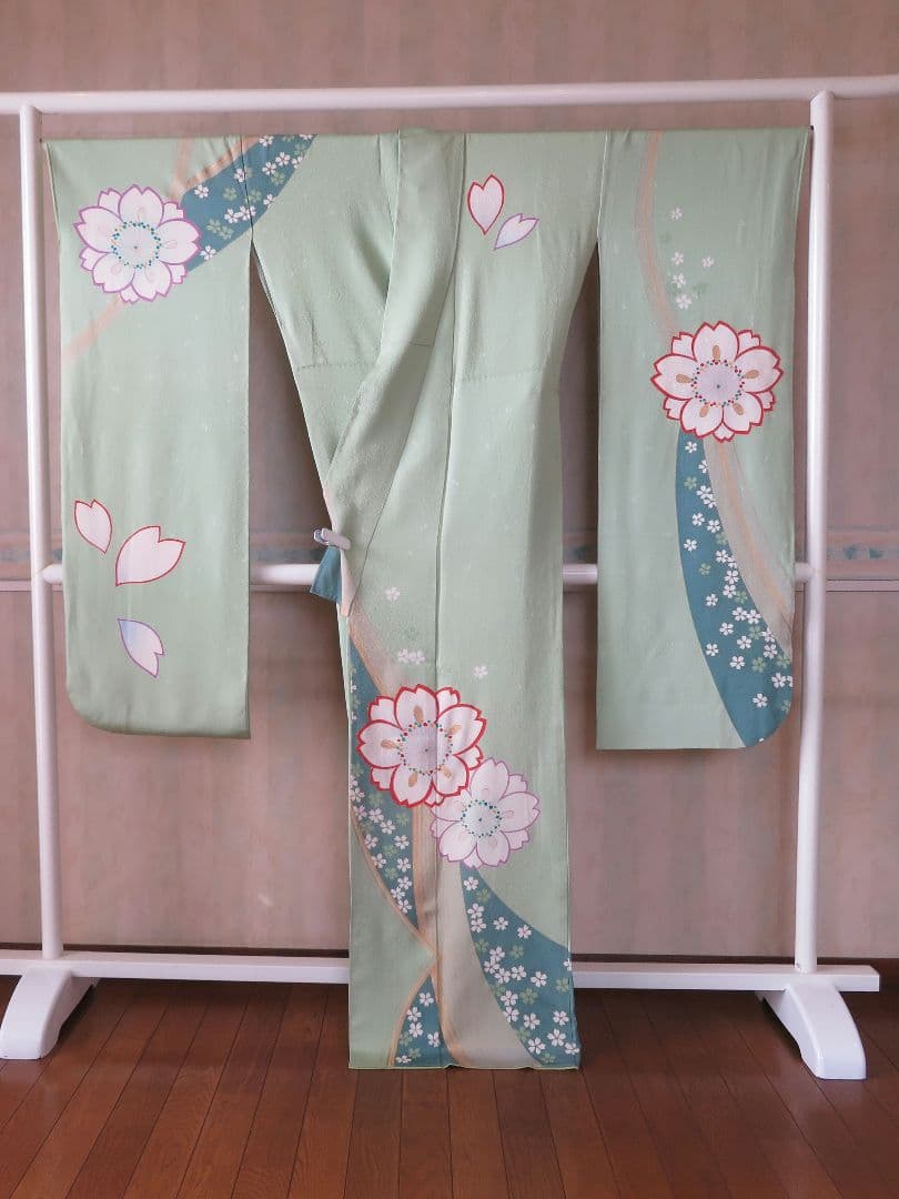 5191 振袖単品　桂由美 正絹 黃緑若草色 成人式結婚式卒業式　桜 ちりめん